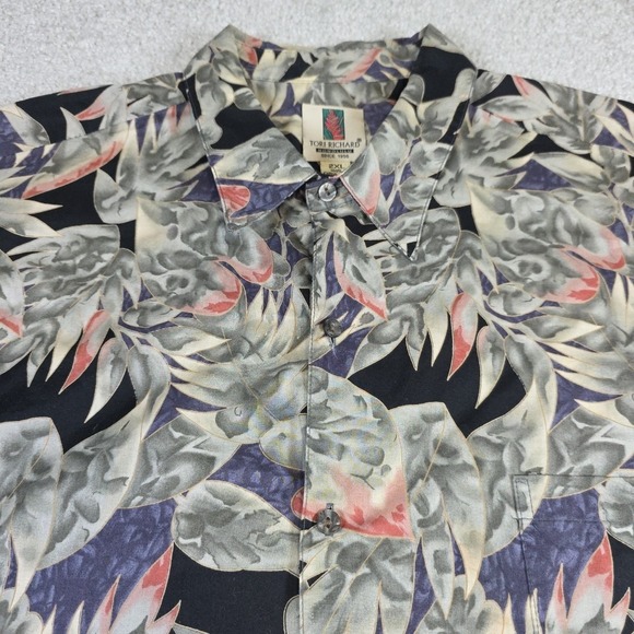 Tori Richard Shirt Mens 2XL Hawaiian Button Up Rayon Gray Red Tropical Aloha - Picture 1 of 8